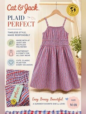 Cat & Jack Red, White and Blue Plaid Dress with Smocked Bodice